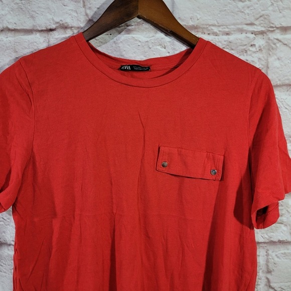 Zara Red Basic Crewneck Chest Pocket Cotton Tee - Picture 2 of 10